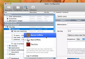 Butler's setup screen, showing an active Fast User Switching pop-up menu