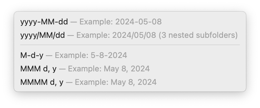 Examples of date formats for subdivision