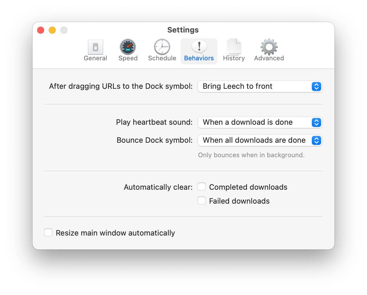 The Behaviors tab of Leech's settings