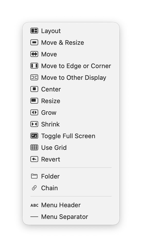The list of custom actions