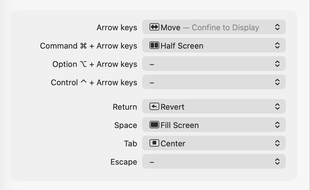 Top sections of settings