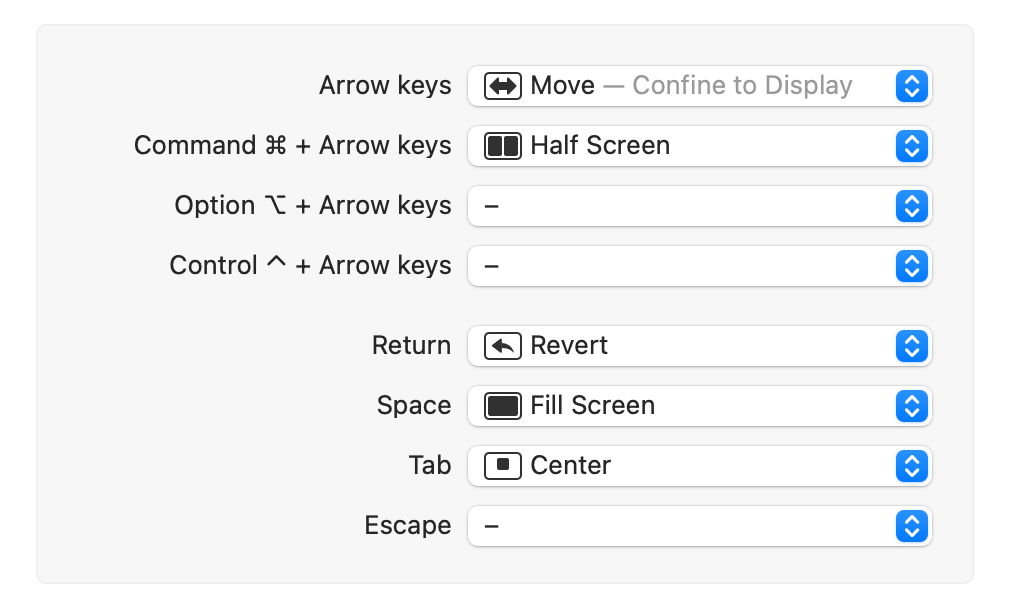 Top sections of settings