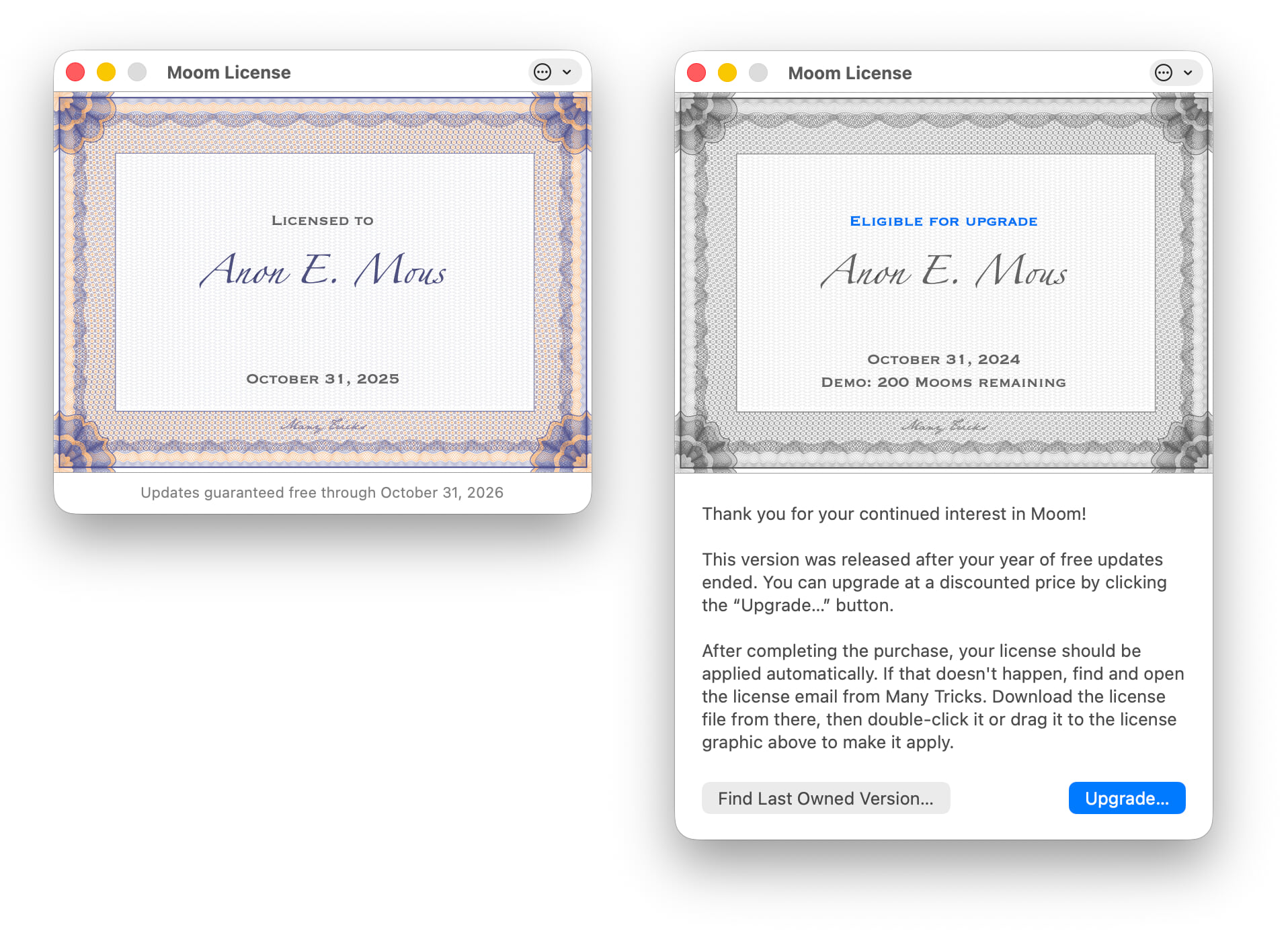 Active free updates (left), and updates expired with newer version installed (right)