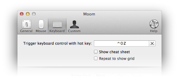 Moom's keyboard control settings