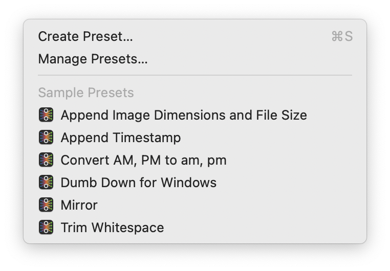 Presets menu