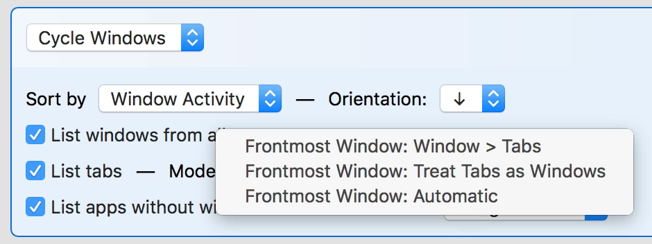 Frontmost window tab options